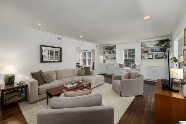 1305 31st St S Unit 202, Birmingham, AL 35205 - living area featuring ornamental molding, dark wood-type flooring, recessed lighting, and built in shelves