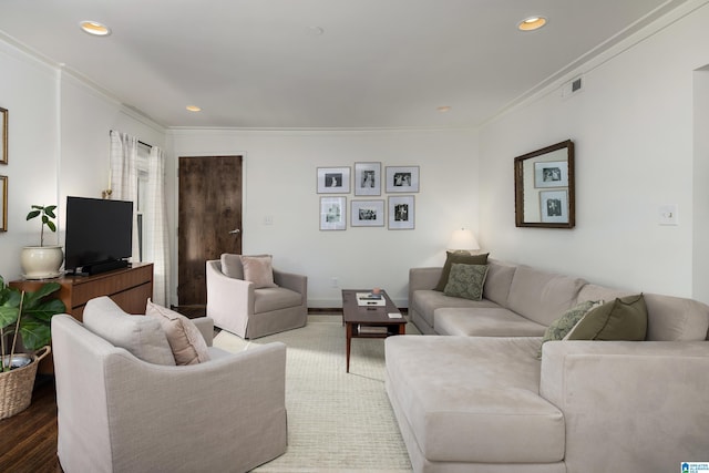 1305 31st St S Unit 202, Birmingham, AL 35205 - living room featuring wood finished floors, crown molding, and recessed lighting