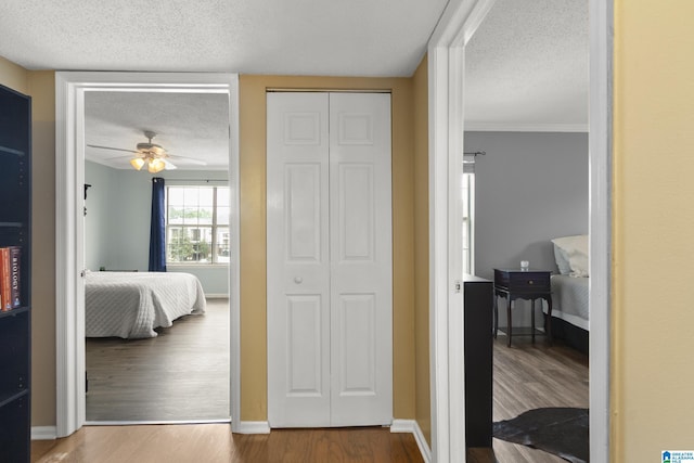 bedroom with baseboards, a textured ceiling, and wood finished floors