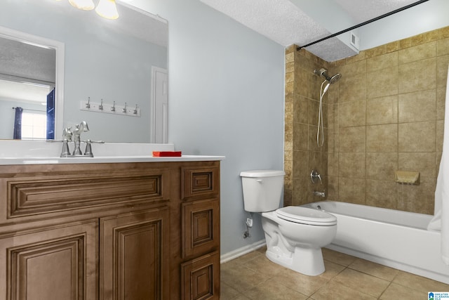 full bathroom featuring vanity, toilet, a textured ceiling, tile patterned floors, and tub / shower combination