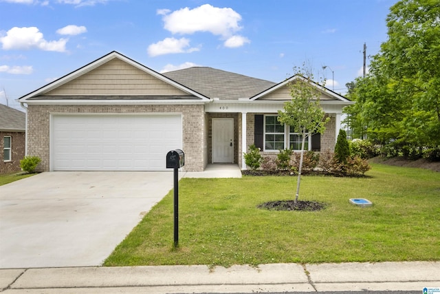 ranch-style home with concrete driveway, brick siding, a front yard, and a garage