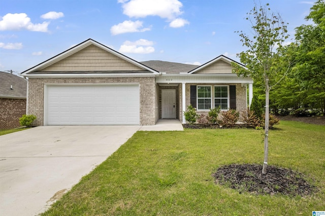 single story home featuring a garage, driveway, a front lawn, and brick siding