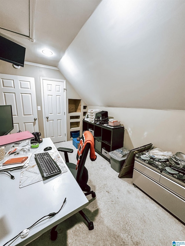 home office featuring carpet flooring and lofted ceiling