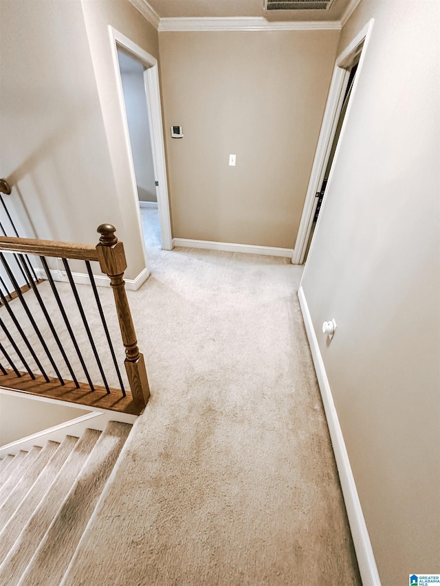 stairway with crown molding, carpet flooring, and baseboards