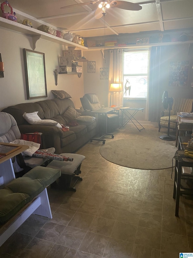 living area featuring a ceiling fan