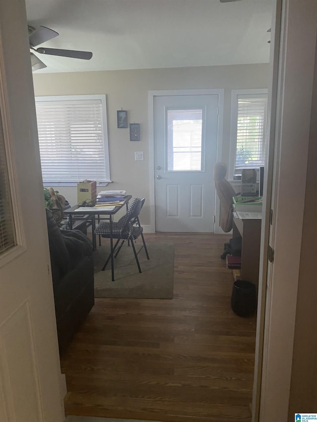 dining area featuring ceiling fan and wood finished floors