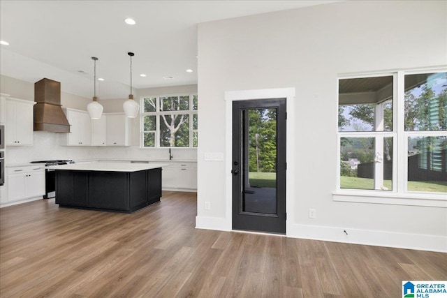 4546 Brexton St, Trussville, AL 35173 - kitchen featuring wood finished floors, premium range hood, light countertops, white cabinets, and appliances with stainless steel finishes