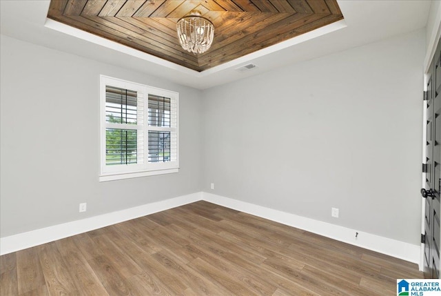 4546 Brexton St, Trussville, AL 35173 - spare room with a notable chandelier, a raised ceiling, baseboards, visible vents, and wood ceiling