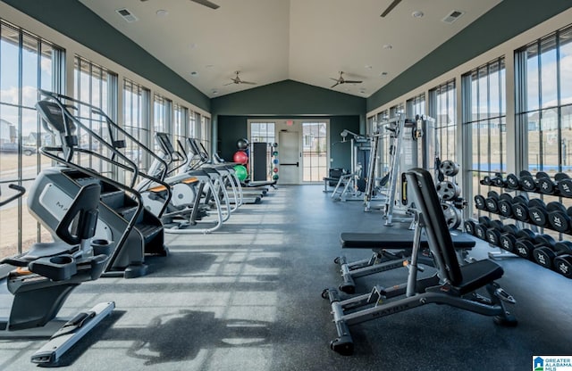 4546 Brexton St, Trussville, AL 35173 - exercise room with ceiling fan, visible vents, and lofted ceiling