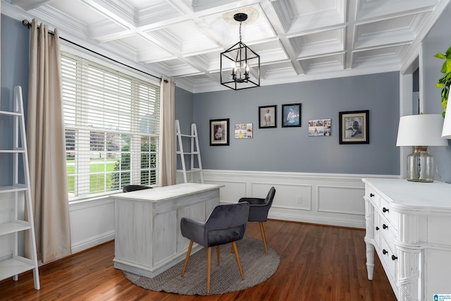 605 N Grande View Cir, Maylene, AL 35114 - office area with a chandelier, coffered ceiling, dark wood-type flooring, beam ceiling, and wainscoting