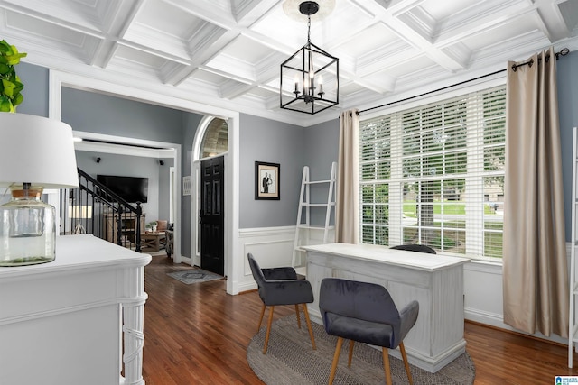 605 N Grande View Cir, Maylene, AL 35114 - home office featuring dark wood-style flooring, coffered ceiling, a chandelier, ornamental molding, and beam ceiling