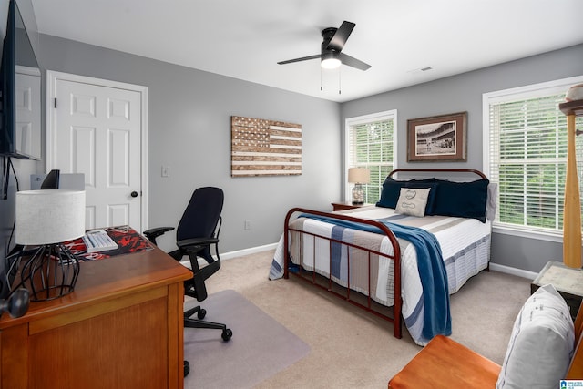 605 N Grande View Cir, Maylene, AL 35114 - bedroom featuring light carpet, baseboards, a desk, and ceiling fan