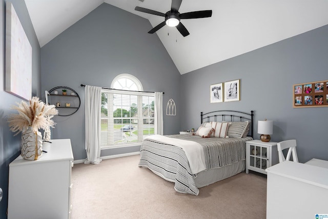 605 N Grande View Cir, Maylene, AL 35114 - bedroom with high vaulted ceiling, light colored carpet, ceiling fan, and baseboards