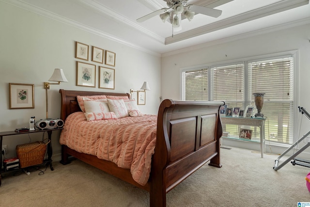 934 Chestnut Oaks Cir, Hoover, AL 35244 - carpeted bedroom featuring multiple windows, ornamental molding, a raised ceiling, and a ceiling fan