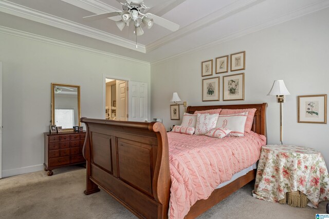 934 Chestnut Oaks Cir, Hoover, AL 35244 - bedroom with light carpet, crown molding, a tray ceiling, and ceiling fan