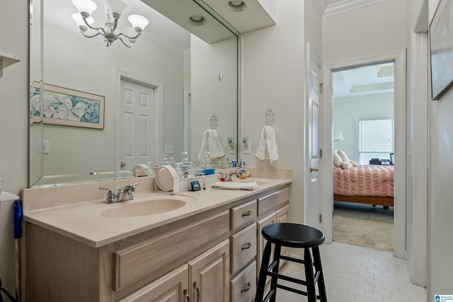 934 Chestnut Oaks Cir, Hoover, AL 35244 - bathroom featuring crown molding, a chandelier, tile patterned floors, vanity, and ensuite bath