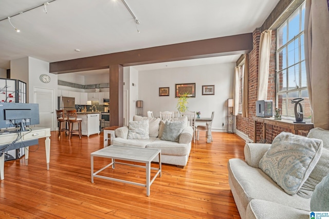living room featuring rail lighting and light wood-style floors