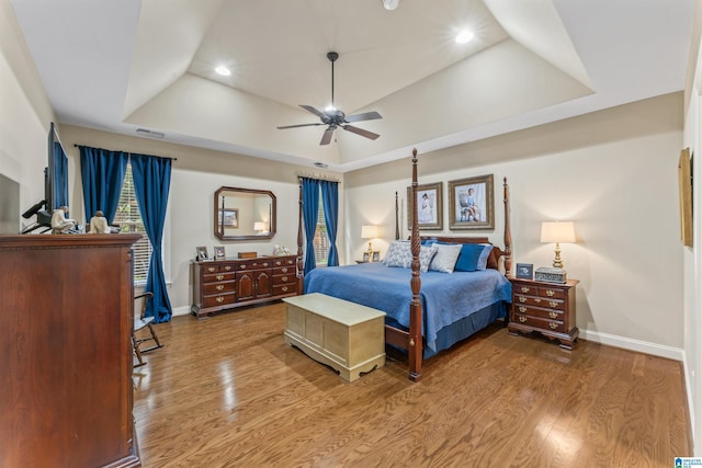 2608 Arbor Way, Hoover, AL 35244 - bedroom with a tray ceiling, baseboards, wood finished floors, recessed lighting, and ceiling fan