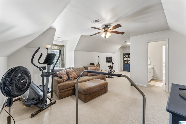2608 Arbor Way, Hoover, AL 35244 - exercise room with vaulted ceiling, a ceiling fan, carpet, and baseboards