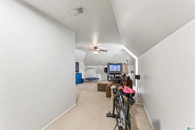2608 Arbor Way, Hoover, AL 35244 - exercise room featuring carpet floors, a ceiling fan, baseboards, and vaulted ceiling