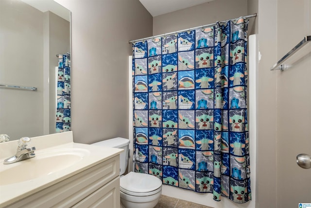 4126 Jubilee Ln, Moody, AL 35004 - full bathroom featuring toilet, a shower with curtain, tile patterned floors, and vanity