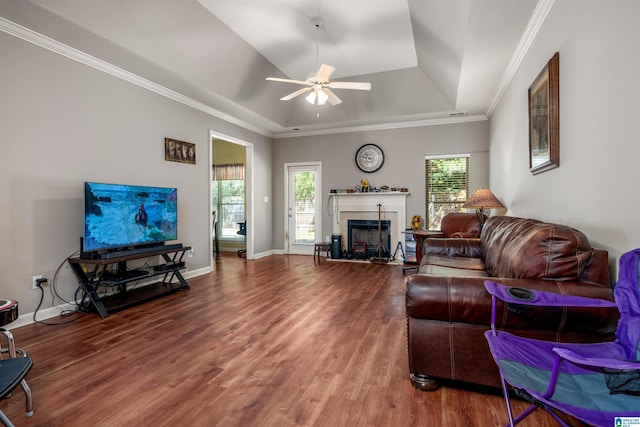4126 Jubilee Ln, Moody, AL 35004 - living area with a ceiling fan, a raised ceiling, wood finished floors, a fireplace, and ornamental molding