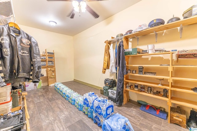 storage area with a ceiling fan