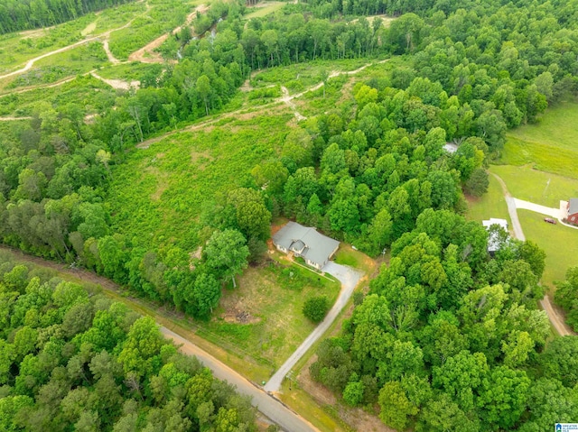 drone / aerial view featuring a rural view and a wooded view