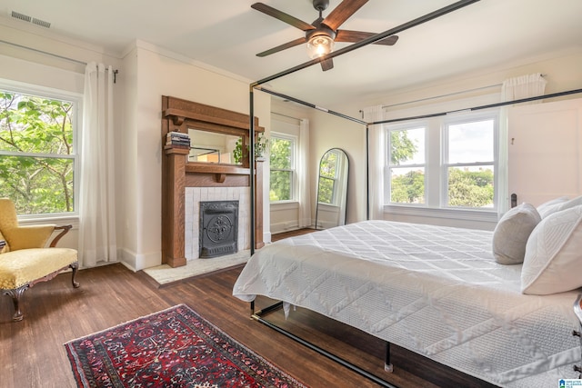 bedroom with multiple windows, a fireplace, wood finished floors, and baseboards