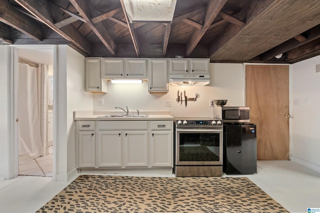 kitchen with appliances with stainless steel finishes, under cabinet range hood, a sink, and white cabinets