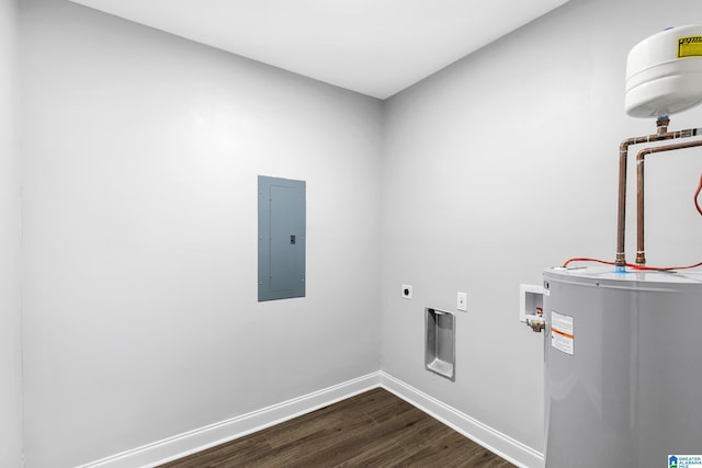 laundry area featuring water heater, electric panel, electric dryer hookup, dark wood-style flooring, and baseboards
