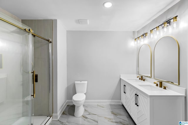full bath with marble look tile flooring, toilet, a stall shower, baseboards, and recessed lighting