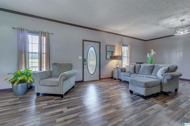 living area featuring baseboards, ornamental molding, a textured ceiling, and wood finished floors