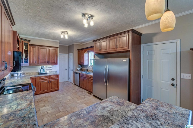 kitchen with a sink, brown cabinetry, glass insert cabinets, and appliances with stainless steel finishes