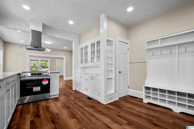 1330 Bush Blvd W, Birmingham, AL 35208 - kitchen featuring stainless steel range with electric stovetop, white cabinets, island range hood, dark wood-style flooring, and glass insert cabinets