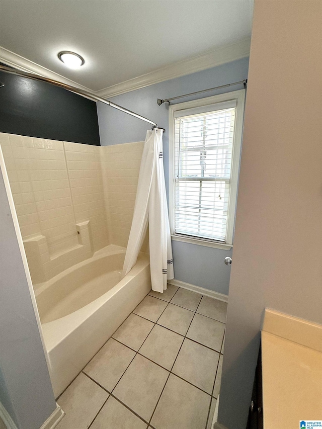 2257 Acton Park Cir, Birmingham, AL 35243 - full bathroom featuring tile patterned flooring, ornamental molding, shower / tub combo with curtain, and baseboards