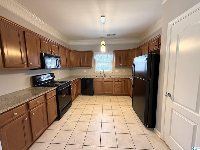 2257 Acton Park Cir, Birmingham, AL 35243 - kitchen featuring black appliances, a sink, light tile patterned floors, ornamental molding, and decorative light fixtures