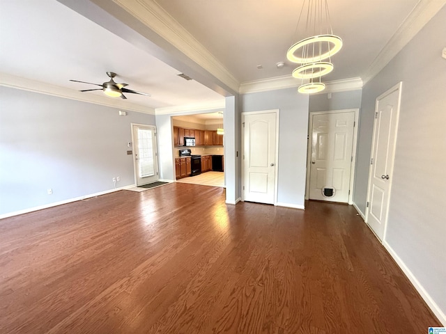 2257 Acton Park Cir, Birmingham, AL 35243 - unfurnished living room with crown molding, dark wood finished floors, a chandelier, ceiling fan, and baseboards