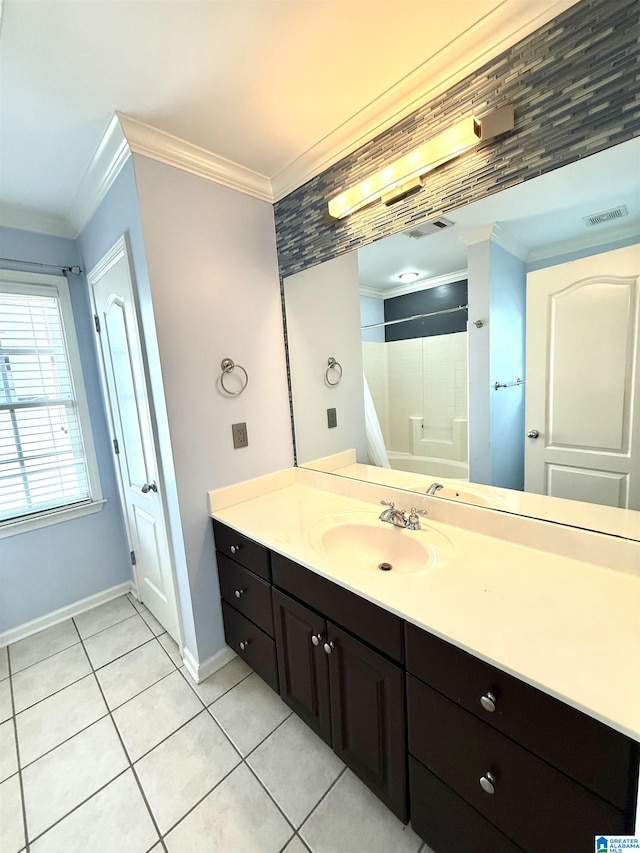 2257 Acton Park Cir, Birmingham, AL 35243 - bathroom with crown molding, baseboards, a shower, tile patterned flooring, and vanity