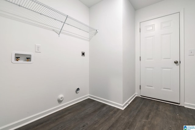 laundry room featuring baseboards, hookup for a washing machine, laundry area, dark wood-style floors, and electric dryer hookup