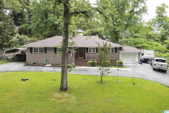 single story home with aphalt driveway, a front lawn, a chimney, and brick siding