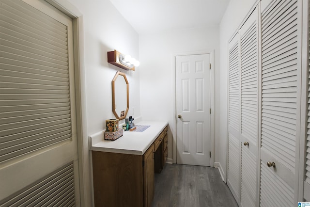 bathroom with vanity, a closet, and wood finished floors