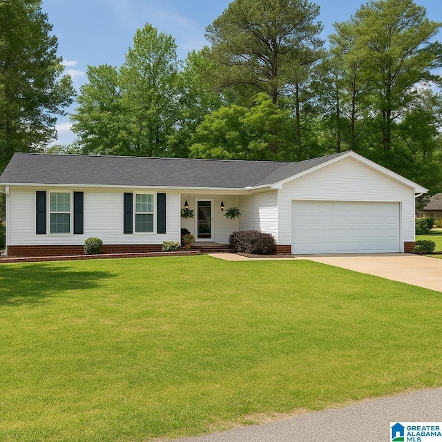 single story home featuring concrete driveway, a front lawn, a shingled roof, and a garage