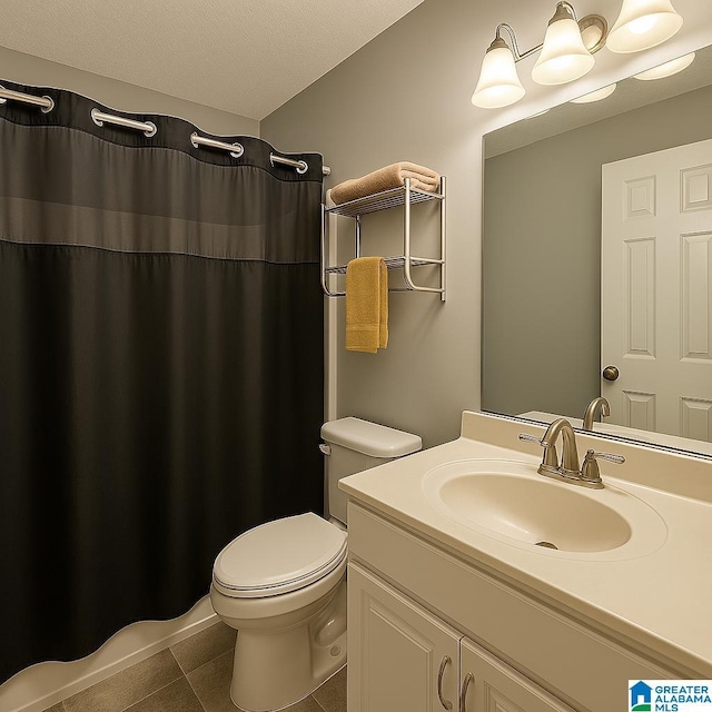full bathroom with tile patterned floors, toilet, a shower with shower curtain, and vanity