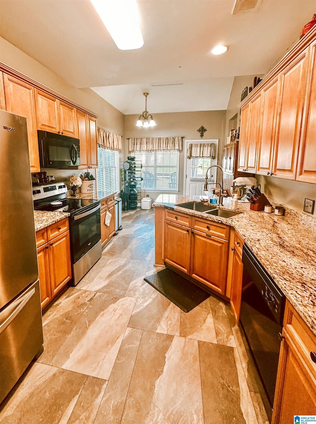 971 Old Cahaba Dr, Helena, AL 35080 - kitchen with black appliances, a sink, a chandelier, a peninsula, and light stone counters
