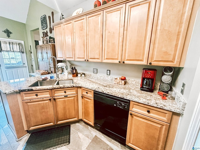 971 Old Cahaba Dr, Helena, AL 35080 - kitchen with black dishwasher, a sink, a peninsula, lofted ceiling, and light brown cabinets