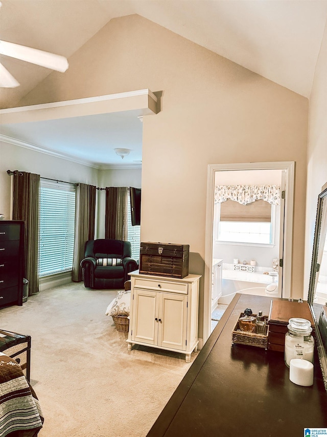 971 Old Cahaba Dr, Helena, AL 35080 - living room featuring vaulted ceiling, light carpet, and a ceiling fan