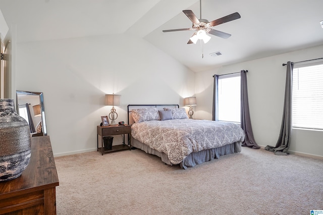 1064 Timberline Rdg, Calera, AL 35040 - carpeted bedroom featuring lofted ceiling, baseboards, visible vents, and a ceiling fan