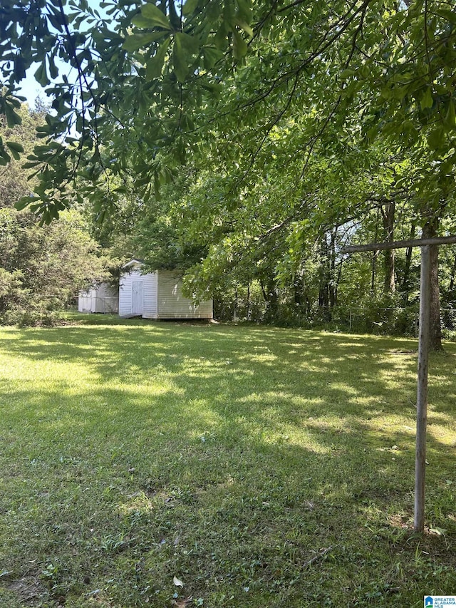 view of yard featuring an outdoor structure and a shed