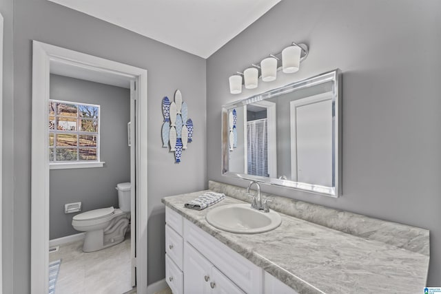 full bathroom featuring toilet, a shower with curtain, and vanity